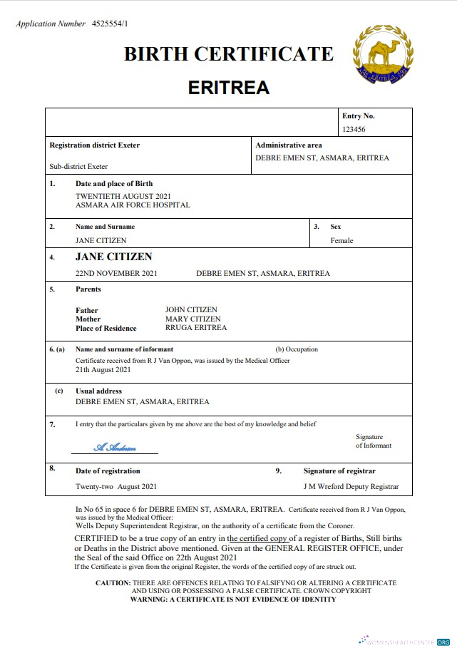 Download Eritrea vital record birth certificate Word and PDF template Photoshop template